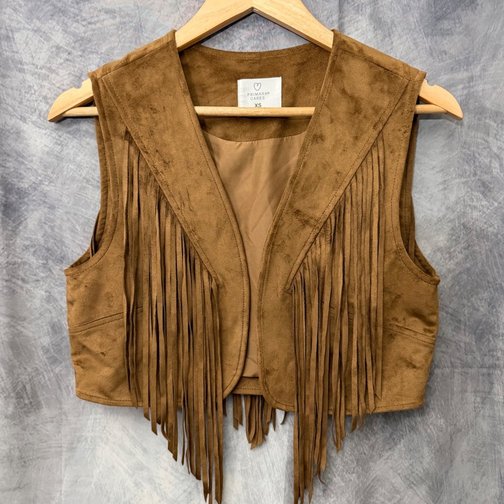 Primark Cares Womens XS Faux Suede Fringe Vest Tan Brown Western Boho Cropped